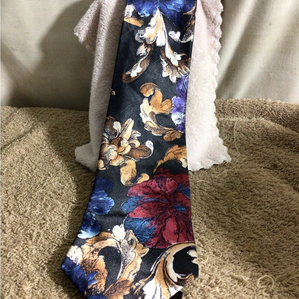 Wembley Black Tie with Red, Blue & Gold Floral Baroque Design